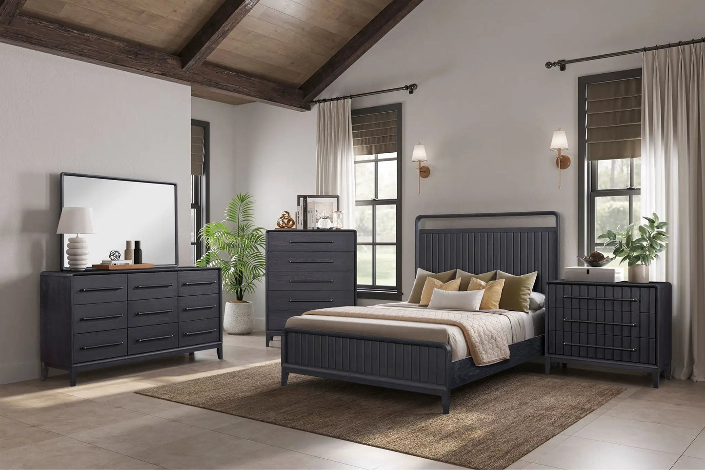 Design Open Panel Bed in a dark charcoal wood finish with headboard and dressers on Tampa Home & Garden Store