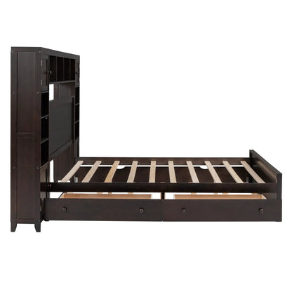 Bed with all-in-one cabinet and twin long trundle in dark espresso wood with shelves on Tampa Home & Garden Store