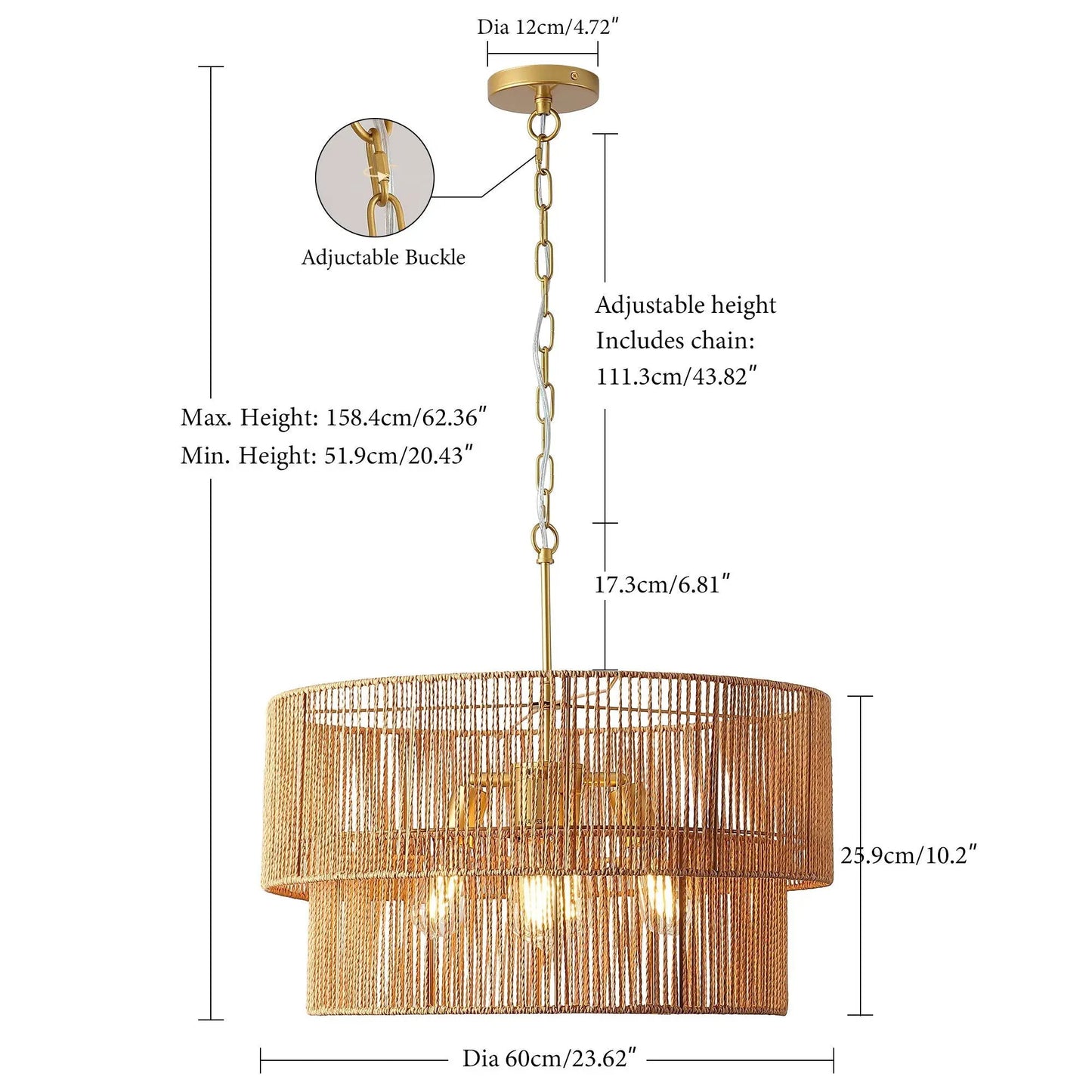 Chandelier 2 Tier Boho Wabi Sabi Pendant Light in gold with woven fringe shade on Tampa Home & Garden Store