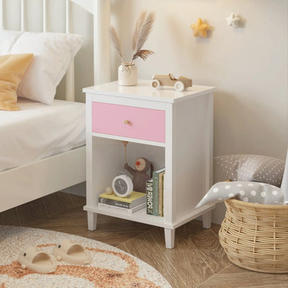 Nightstand with 1 drawer 1 shelf, white frame and pink front, Unique Piece Furniture, vase and wooden toy car on Tampa Home & Garden Store