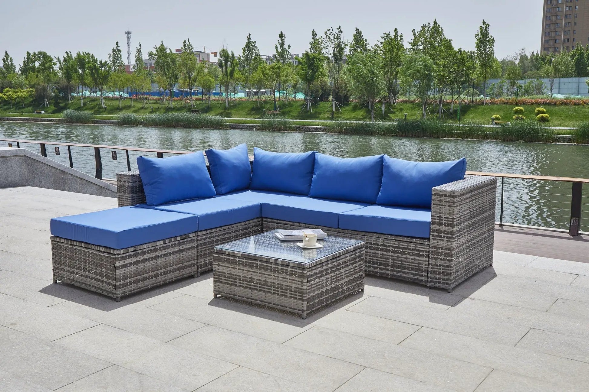 Patio Sofa With Cushions blue cushions on a wicker 2-piece outdoor set by Unique Piece Furniture on Tampa Home & Garden Store