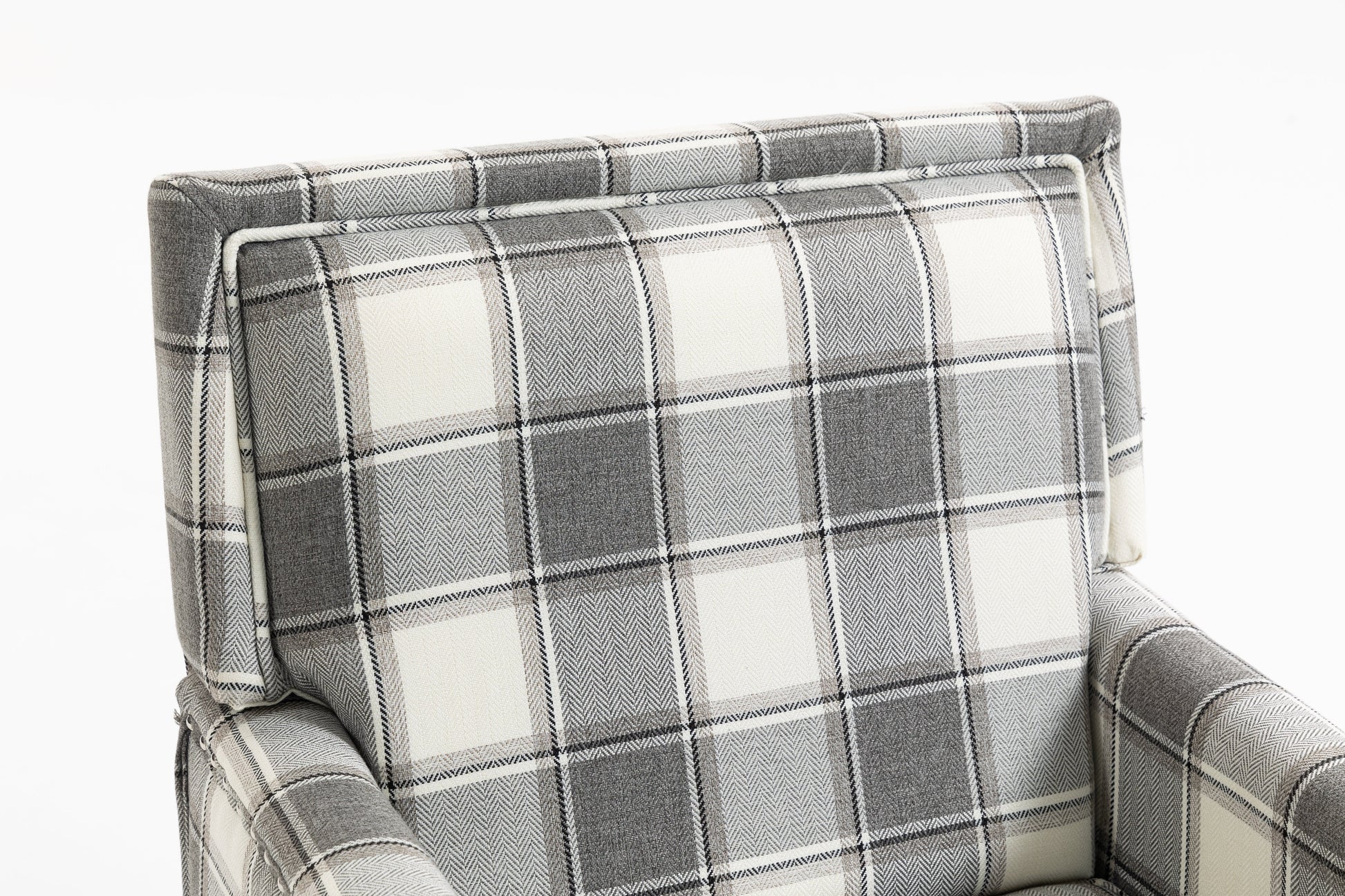 Upholstered plaid accent chair in gray and cream fabric with solid wood legs on Tampa Home & Garden Store