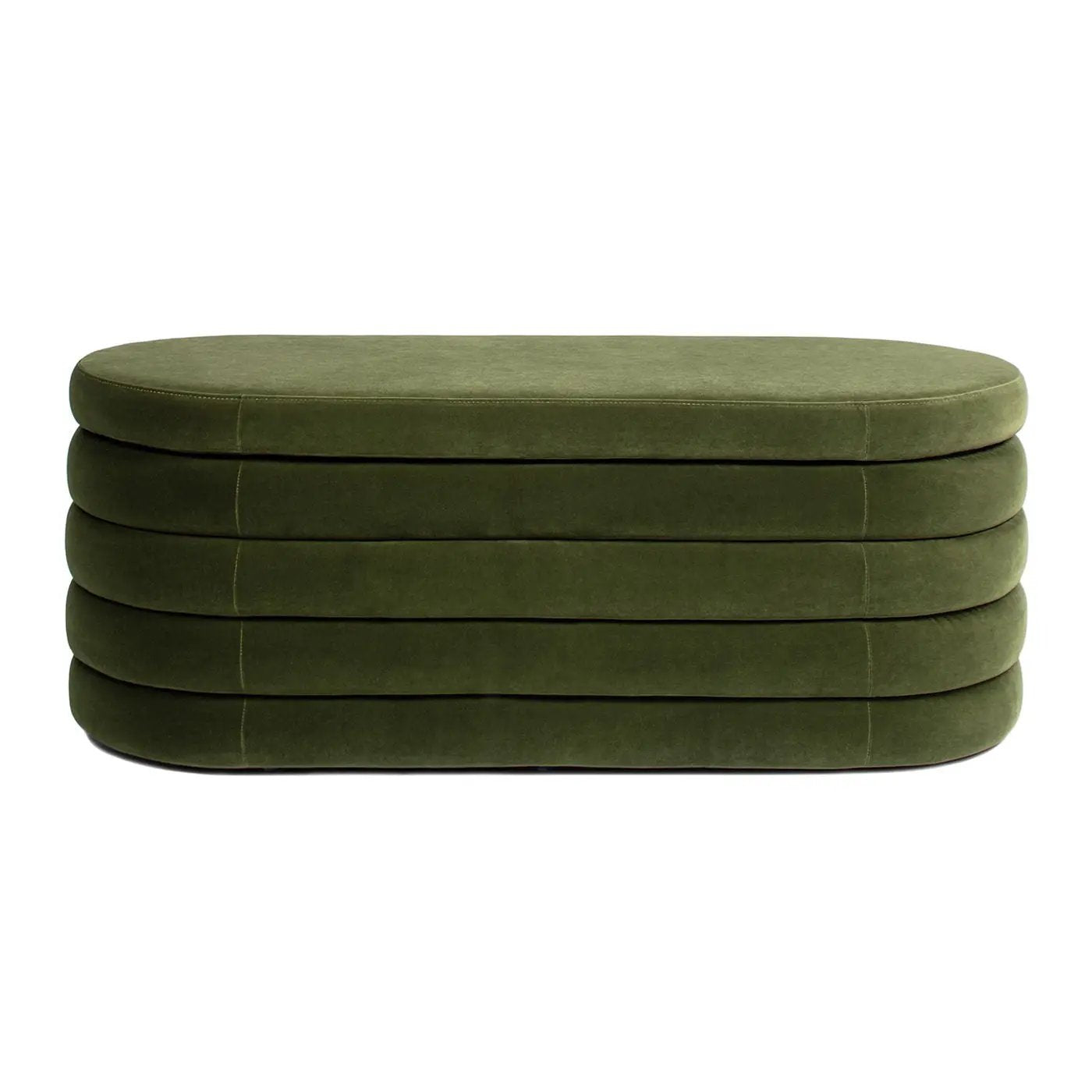 Fuji upholstered oval storage bench in olive green with stacked rounded cushions on Tampa Home & Garden Store