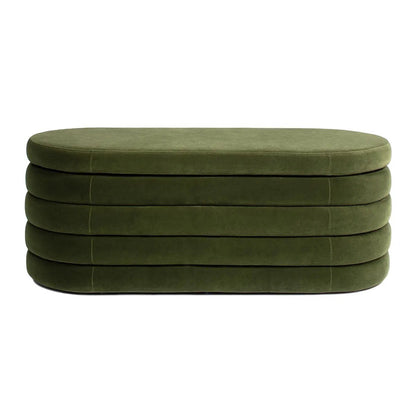 Fuji upholstered oval storage bench in olive green with stacked rounded cushions on Tampa Home & Garden Store
