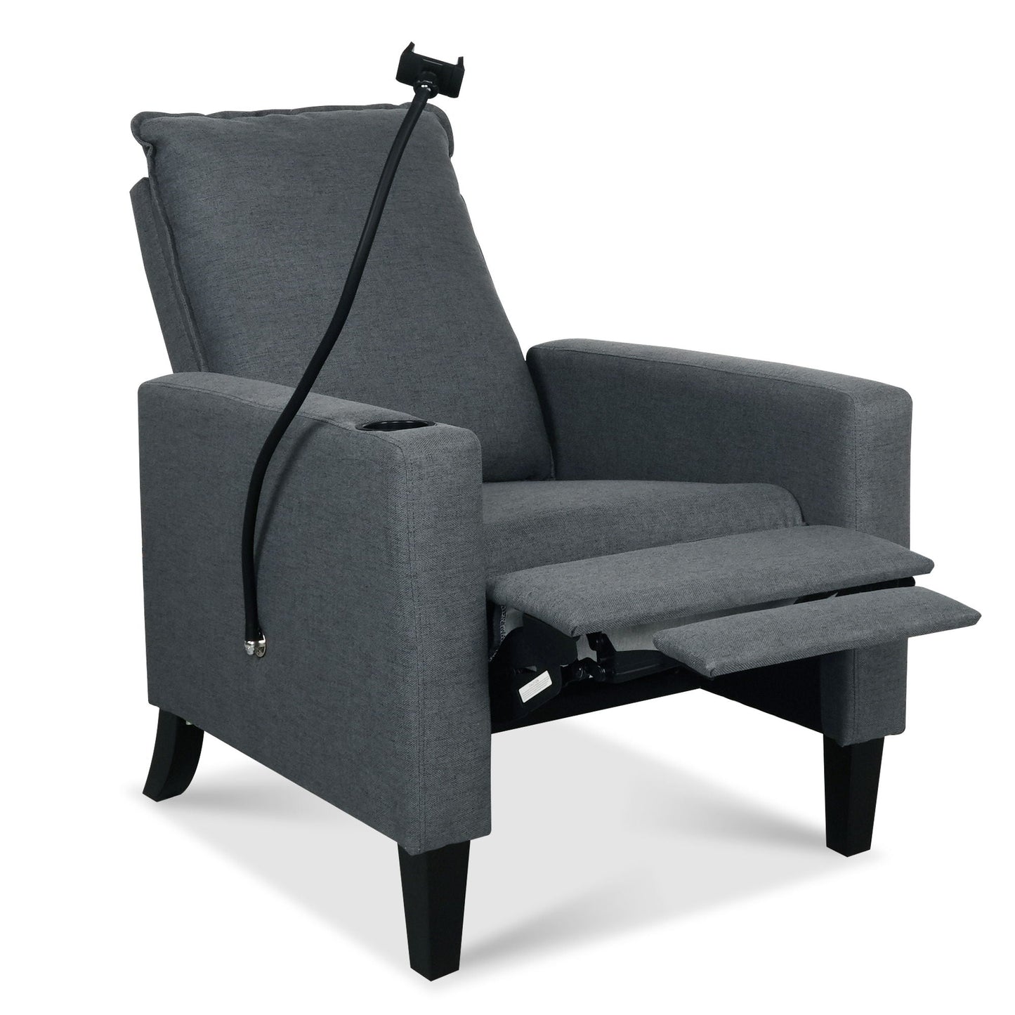 Recliner chair for adults in gray fabric with cup holder and phone holder, footrest extended on Tampa Home & Garden Store