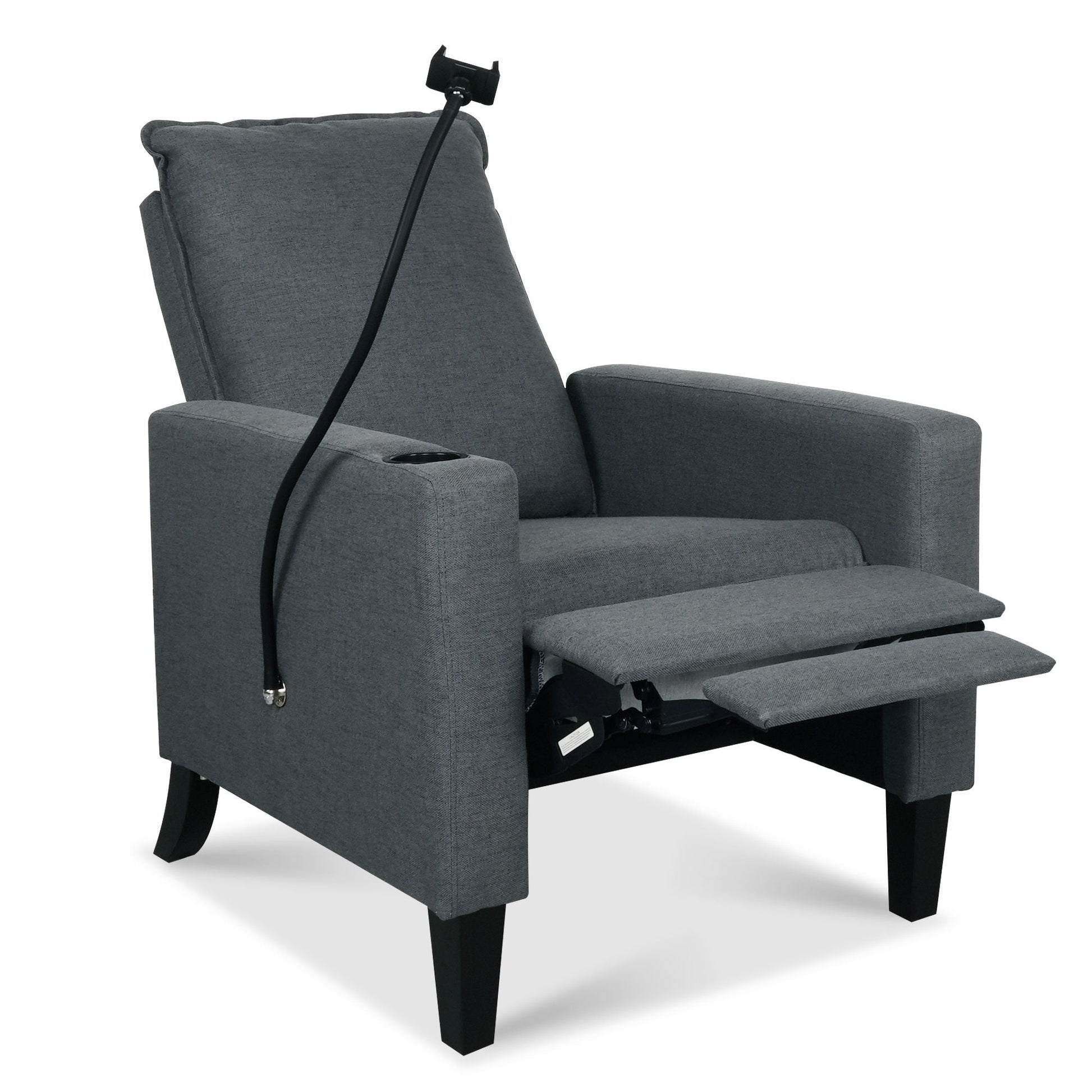 Recliner chair for adults in gray fabric with cup holder and phone holder, footrest extended on Tampa Home & Garden Store