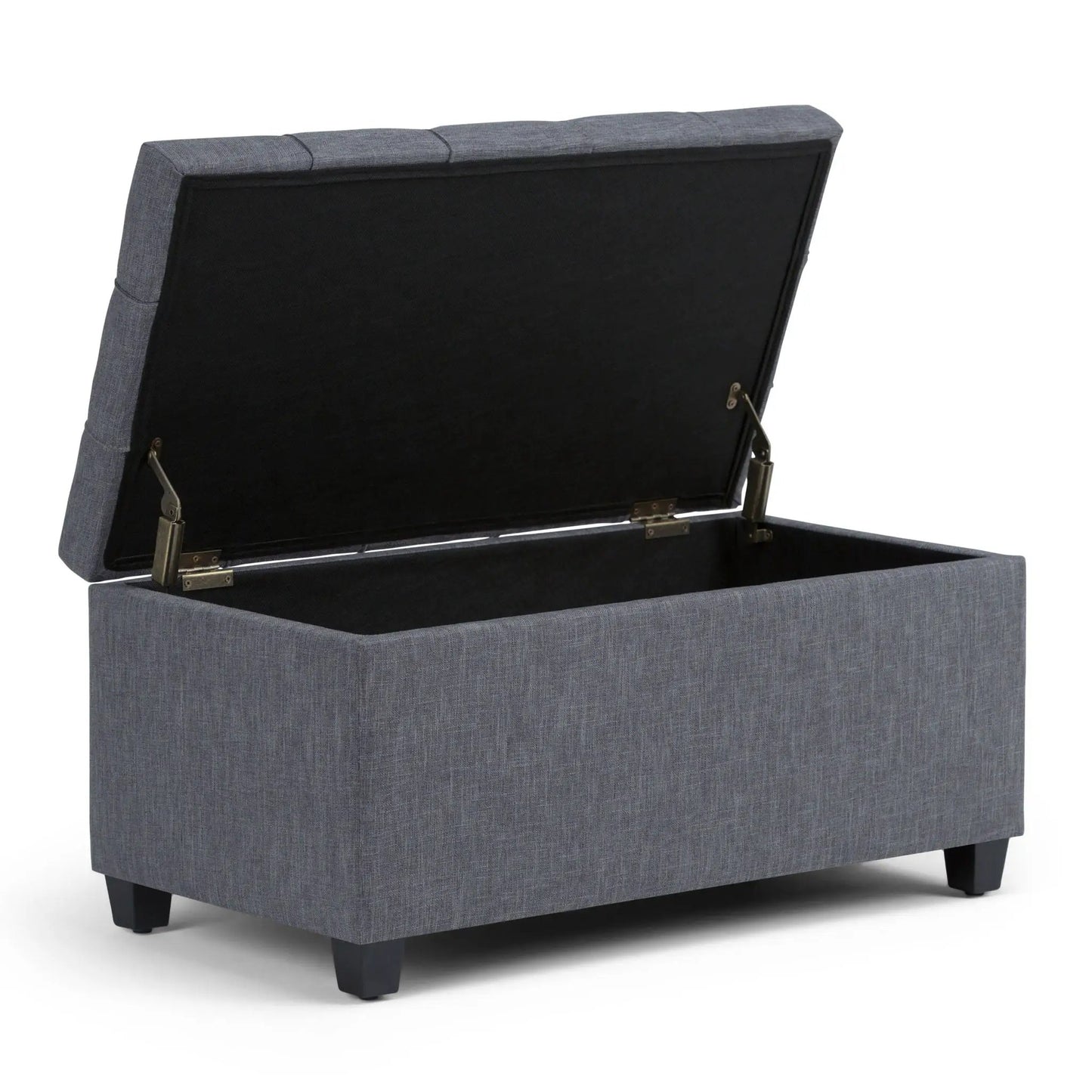 Sienna upholstered storage ottoman bench in gray fabric with open lid and black interior on Tampa Home & Garden Store