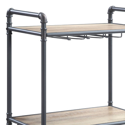 Brantley wine rack in gray industrial metal with oak wood top shelf and wire bottle rack on Tampa Home & Garden Store