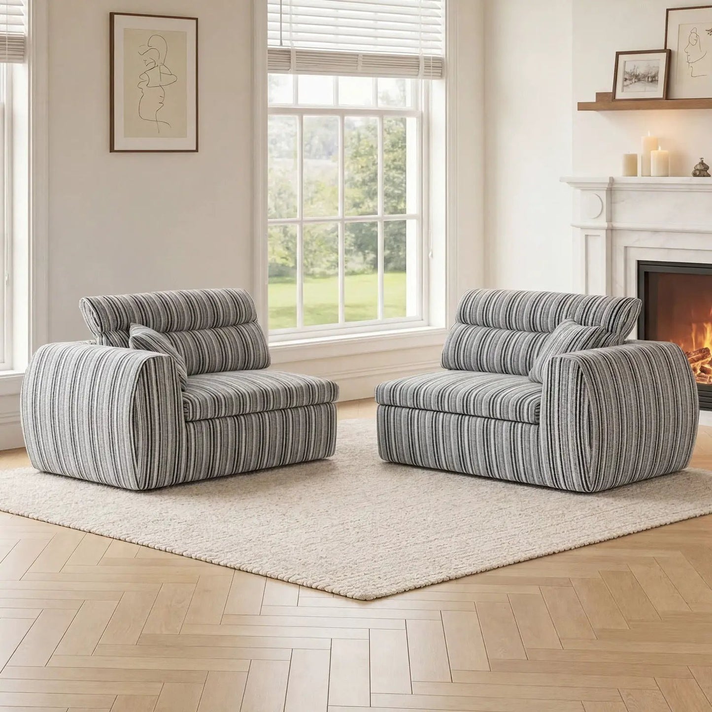 3 Seater stationary couch with striped gray upholstery and pillows in a bright living room on Tampa Home & Garden Store