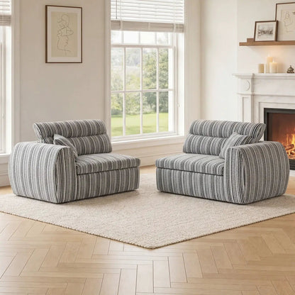 3 Seater stationary couch with striped gray upholstery and pillows in a bright living room on Tampa Home & Garden Store