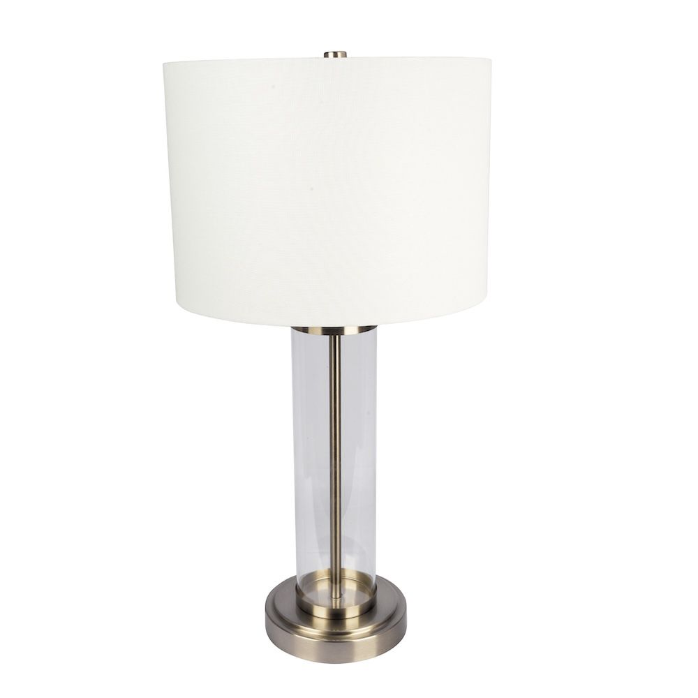 Luna table lamp with clear glass body and brass base, white fabric shade on Tampa Home & Garden Store