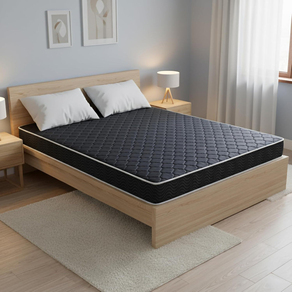 6 inch waterproof foam mattress twin with black/blue quilted top on a light wood bed frame on Tampa Home & Garden Store