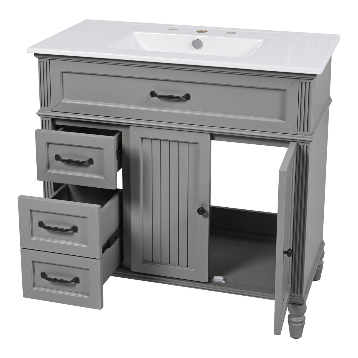 Bathroom vanity with sink and drawers, gray solid wood cabinet with white top on Tampa Home & Garden Store