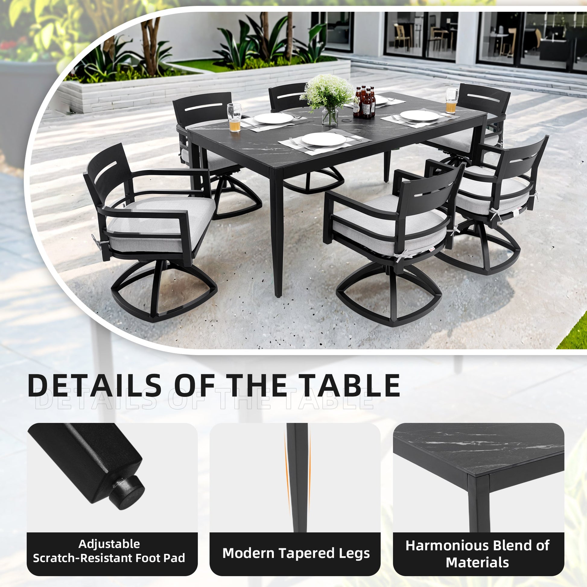 Modern 7-Piece Aluminum Dining Set black frame, gray cushions, 6 chairs by HouseOfZazla on Tampa Home & Garden Store