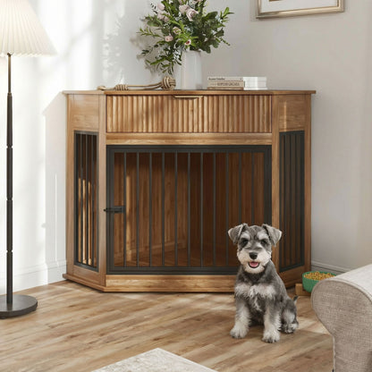 Corner Dog Crate wooden cabinet with black metal bars; dog sits in front on Tampa Home & Garden Store