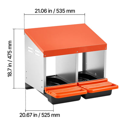 Chicken nesting boxes, 2 compartments, orange top/front with gray frame, pull-out trays on Tampa Home & Garden Store