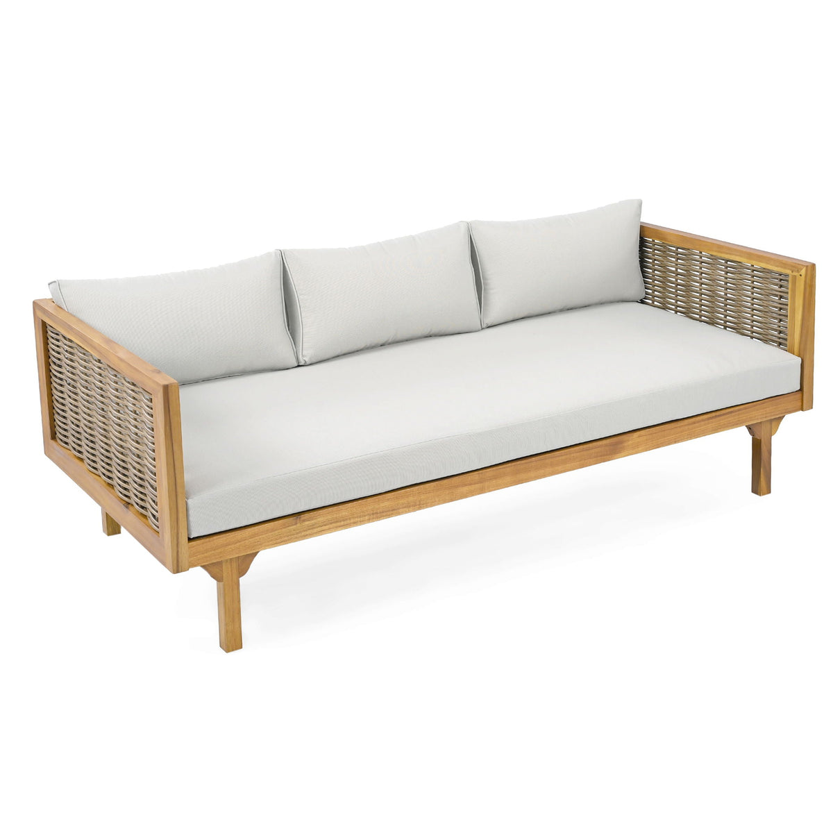 Claremont 3 seater daybed in teak acacia with woven sides and light gray cushions on Tampa Home & Garden Store