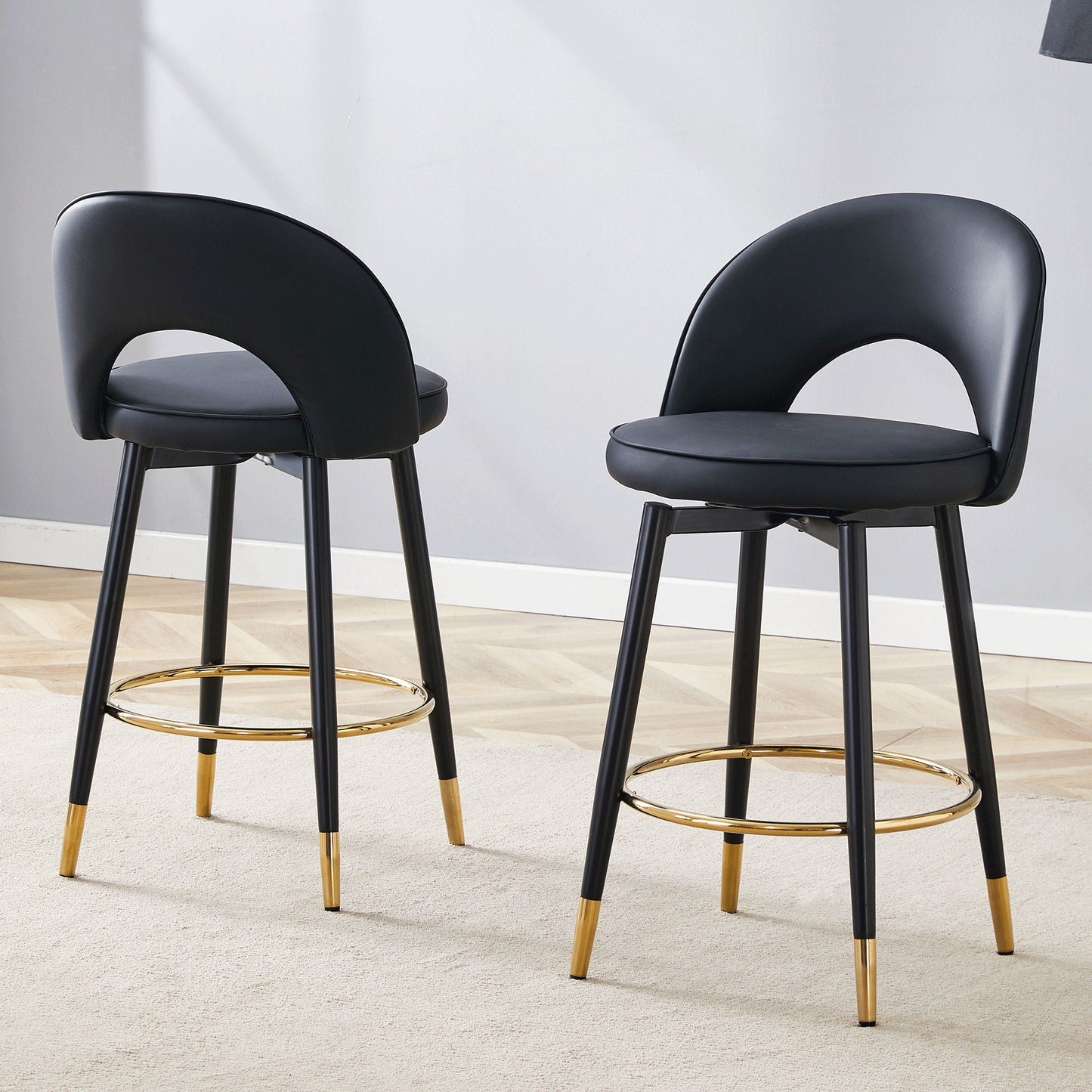 Bar stools 2-pack by HouseOfZazla, upholstered 360° rotatable, black seats with gold ring feet on Tampa Home & Garden Store