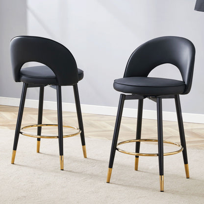 Bar stools 2-pack by HouseOfZazla, upholstered 360° rotatable, black seats with gold ring feet on Tampa Home & Garden Store