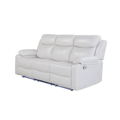 Blanche reclining sofa with LED lights in white leather, blue-lit base on Tampa Home & Garden Store