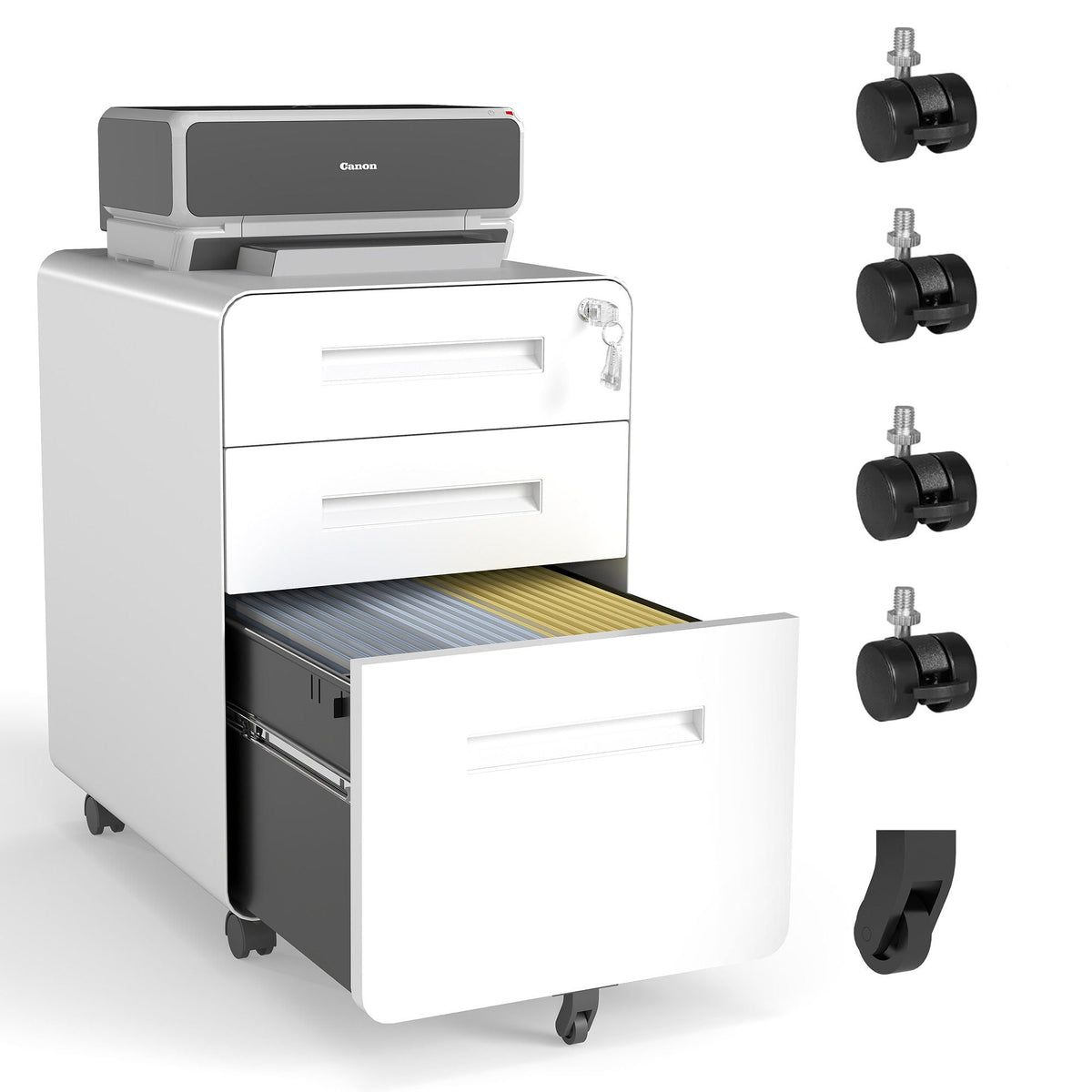 3-Drawer Mobile File Cabinet by HouseOfZazla, white with lock and casters on Tampa Home & Garden Store