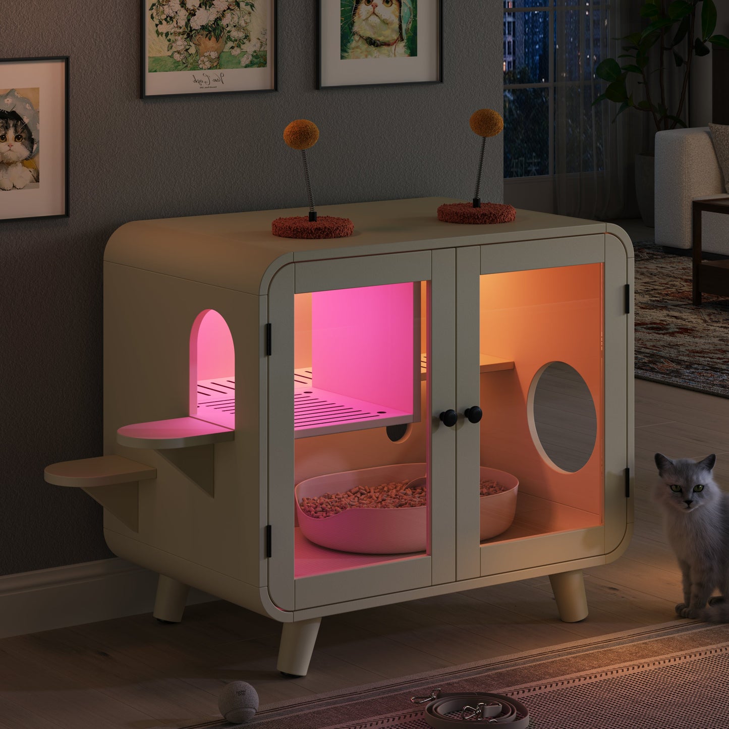 Cat hidden litter box enclosure with RGB LED and glass doors, beige cabinet, two orange pom-poms on Tampa Home & Garden Store