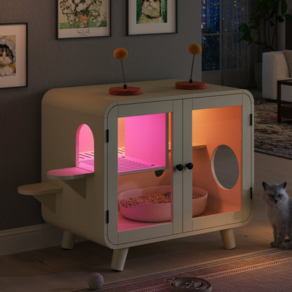Cat hidden litter box enclosure with RGB LED and glass doors, beige cabinet, two orange pom-poms on Tampa Home & Garden Store