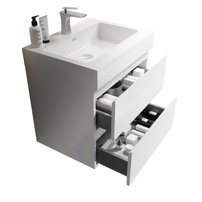 Modern floating vanity with large storage, white finish, rectangular sink and chrome faucet on Tampa Home & Garden Store
