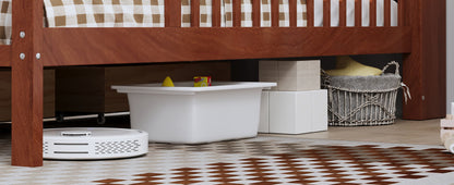 Bed with storage rack and 2 under-bed drawers under a wood frame; white bin under bed on Tampa Home & Garden Store