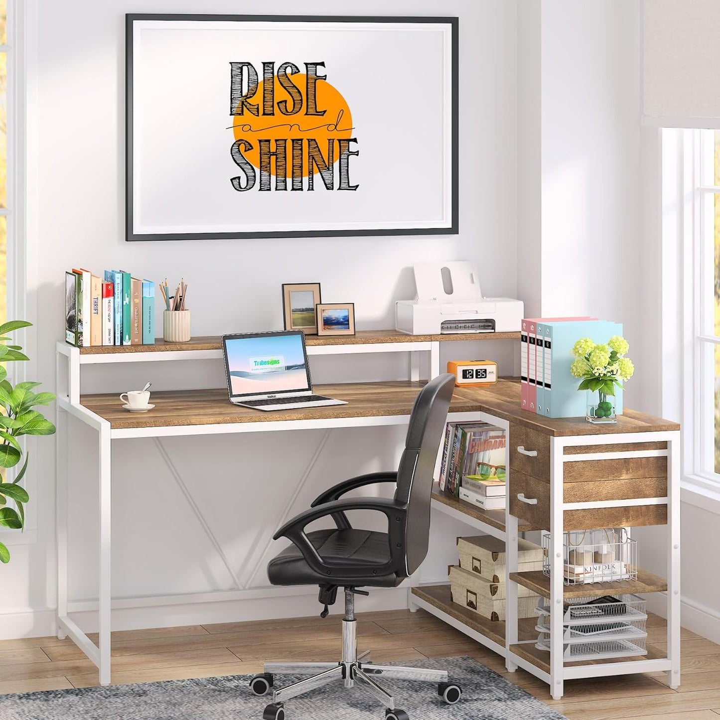 L-Shaped white and wood-tone desk with monitor riser, drawers, and storage shelves on Tampa Home & Garden Store