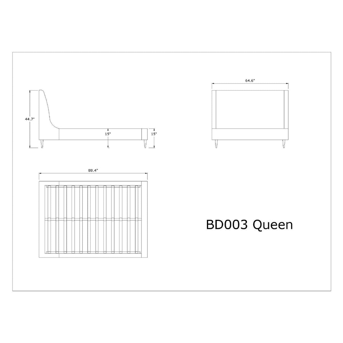 Heather upholstered bed curved headboard queen blueprint side & front views HouseOfZazla on Tampa Home & Garden Store