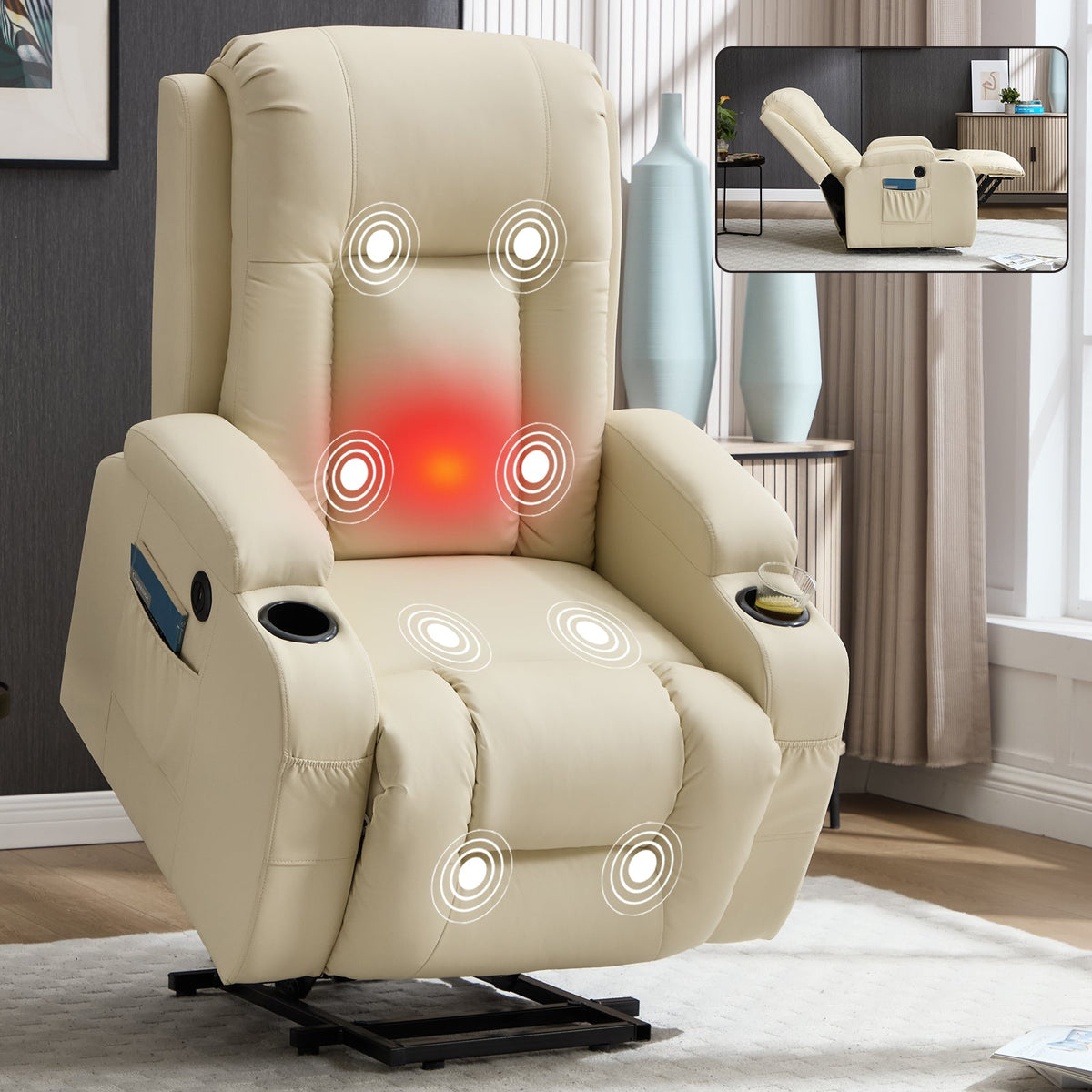 Beige PU Infinite Position Power Lift Recliner Chair by HouseOfZazla with cup holder and side pocket on Tampa Home & Garden Store