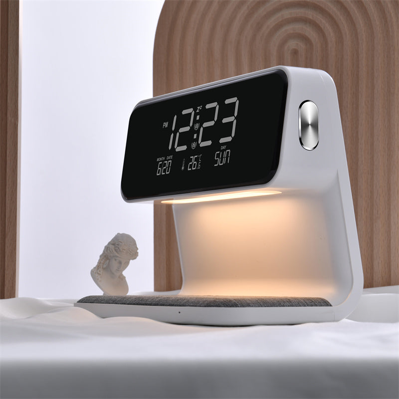 3-in-1 bedside lamp with LCD clock and wireless phone charger, white plastic body on Tampa Home & Garden Store