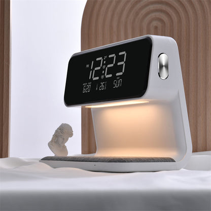 3-in-1 bedside lamp with LCD clock and wireless phone charger, white plastic body on Tampa Home & Garden Store