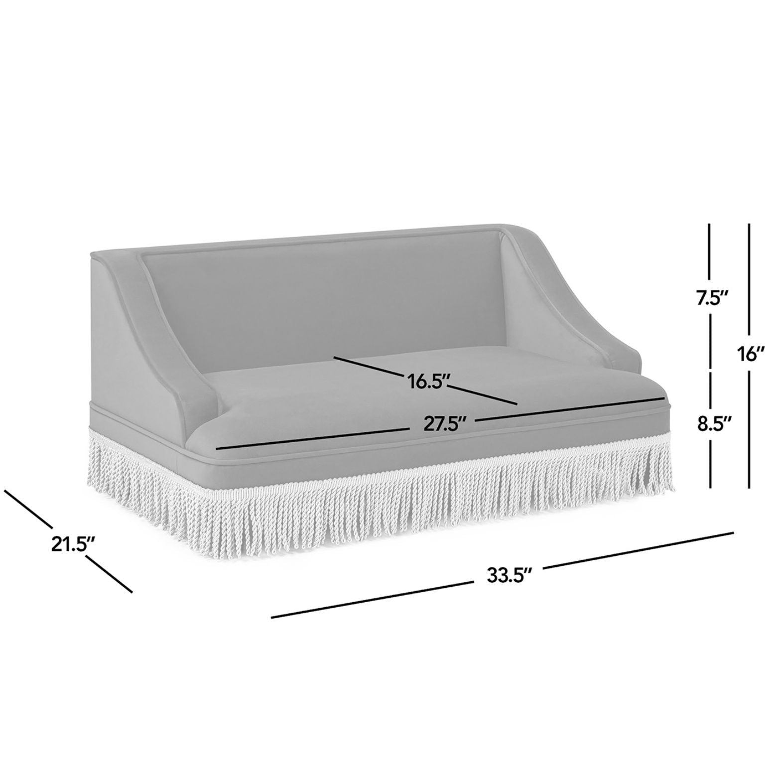 Duchess cat bed sofa by HouseOfZazla in gray fabric with fringe base on Tampa Home & Garden Store
