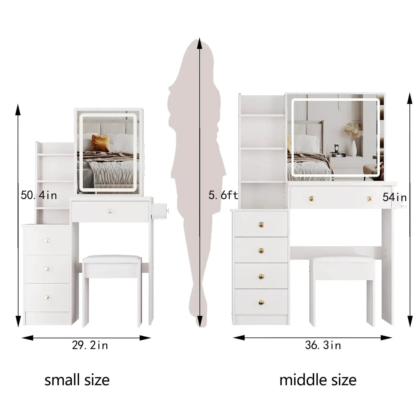 Cabinet vanity table with cushioned stool, USB power station, and hair dryer bracket in white on Tampa Home & Garden Store