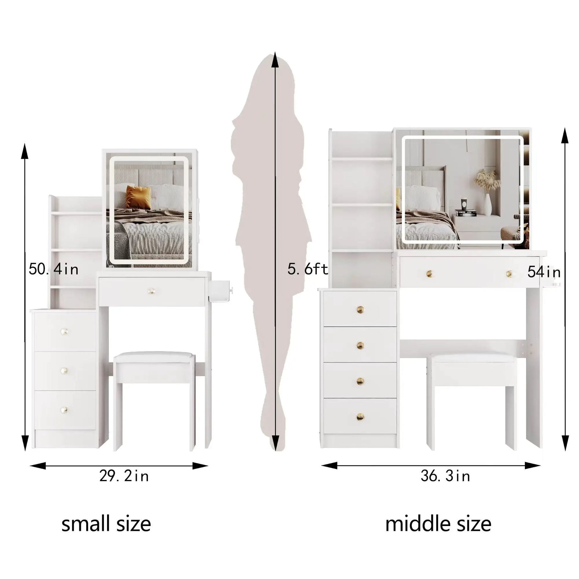 Cabinet vanity table with cushioned stool, USB power station, and hair dryer bracket in white on Tampa Home & Garden Store