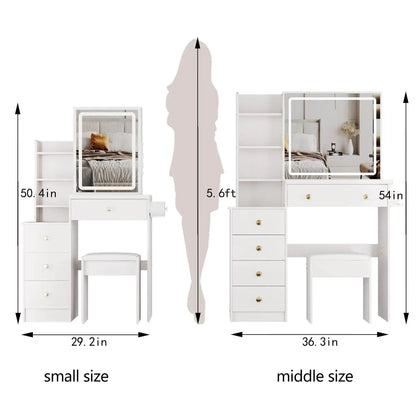 Cabinet vanity table with cushioned stool, USB power station, and hair dryer bracket in white on Tampa Home & Garden Store