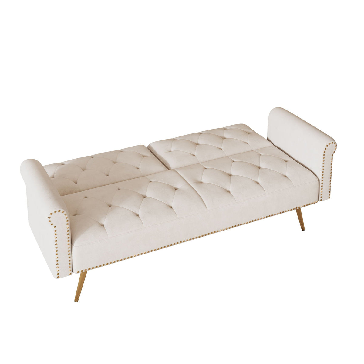 Beige velvet sofa bed futon with nailhead trim and matching pillow by HouseOfZazla on Tampa Home & Garden Store
