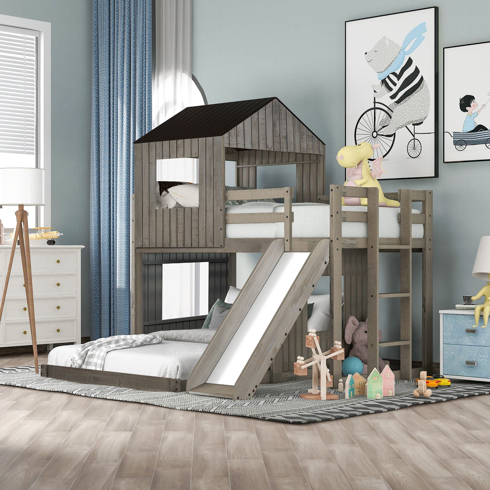 Loft bunk bed with playhouse in gray wood, ladder and slide by HouseOfZazla on Tampa Home & Garden Store