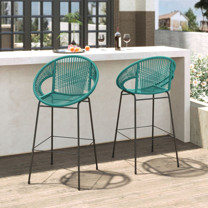 Ferrara Outdoor Patio Barstools set of 2, turquoise wire-weave seats on black metal frames on Tampa Home & Garden Store