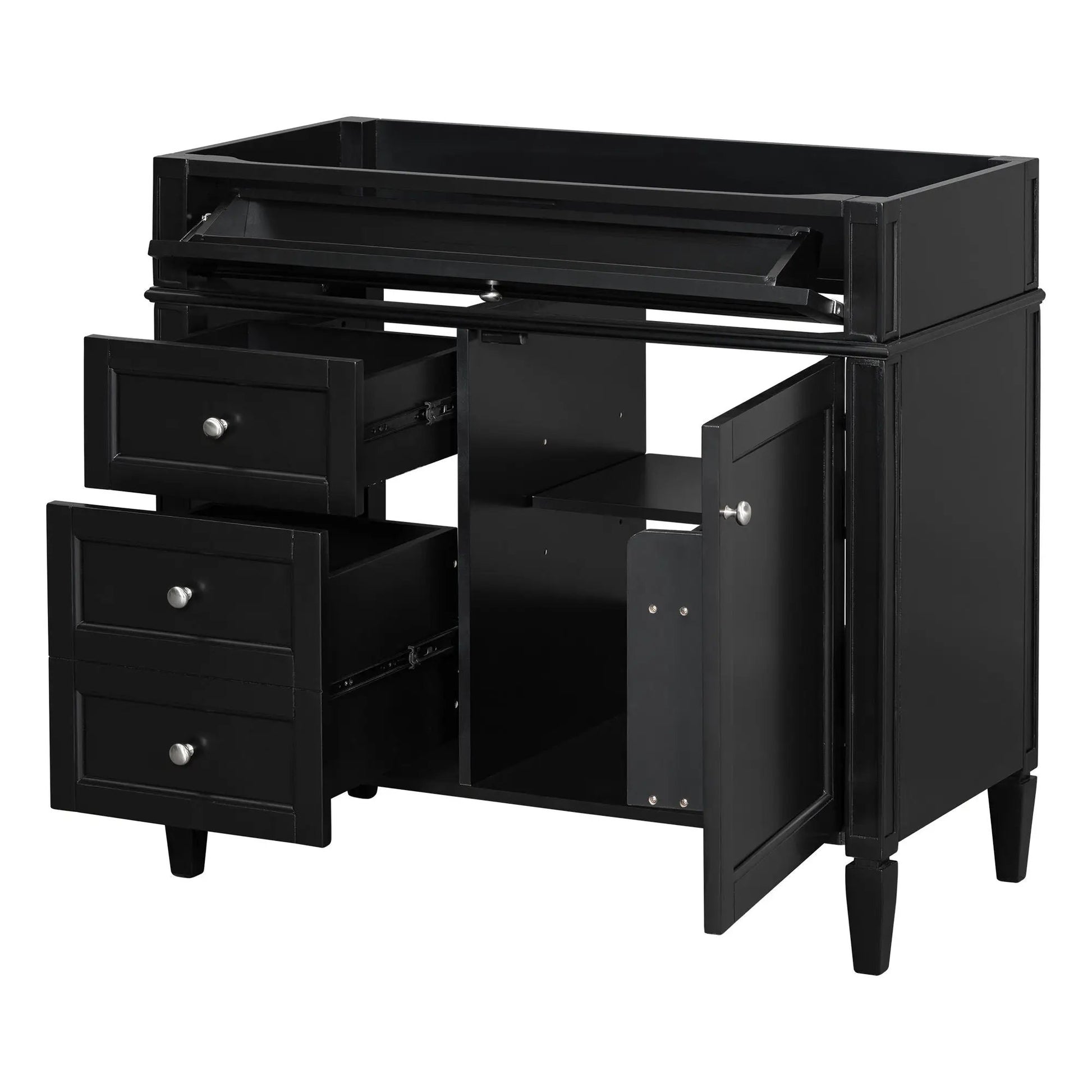 Black bathroom vanity base with 2 drawers and a tip-out drawer, chrome knobs on Tampa Home & Garden Store