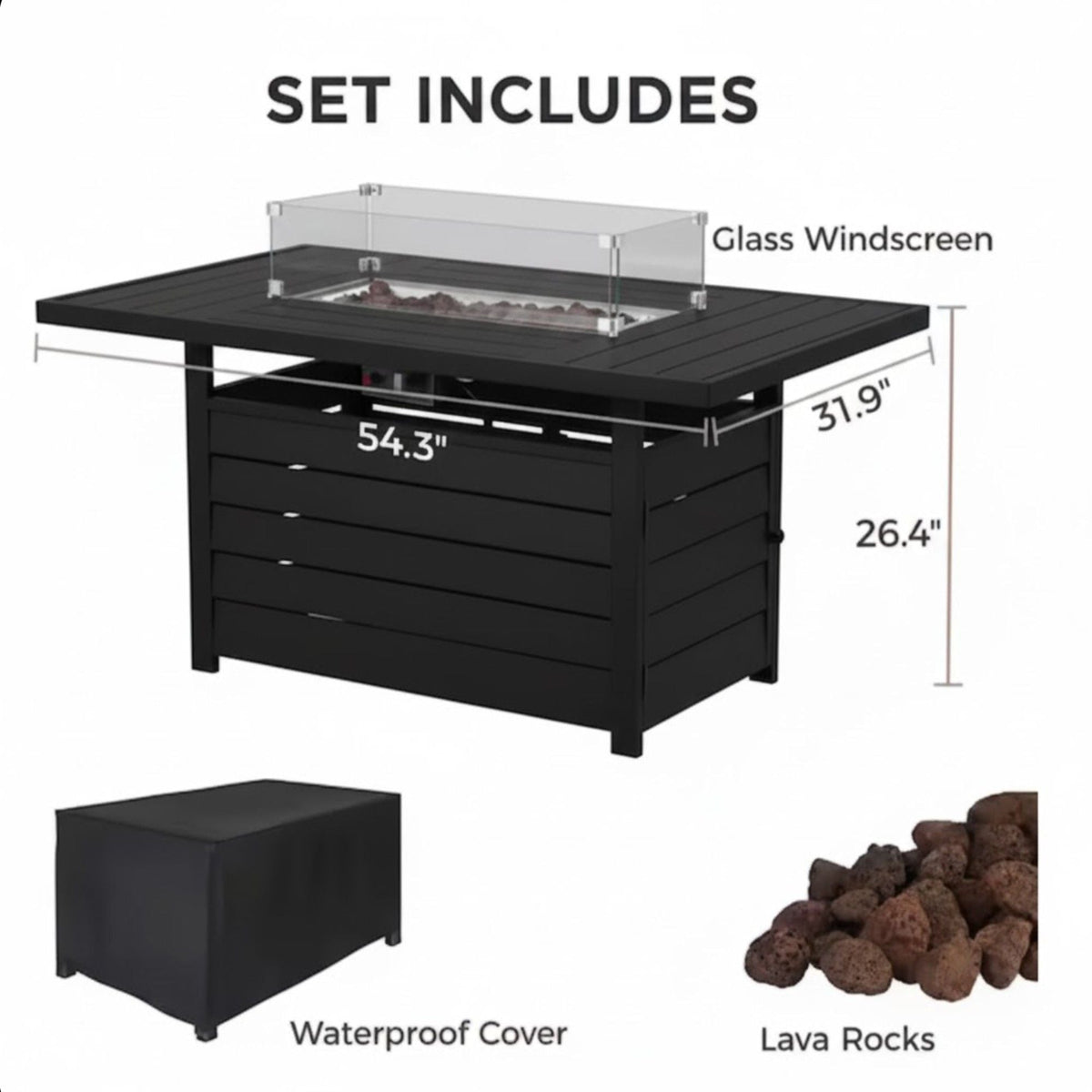 HouseOfZazla rectangular propane fire pit table in black with glass windscreen on Tampa Home & Garden Store