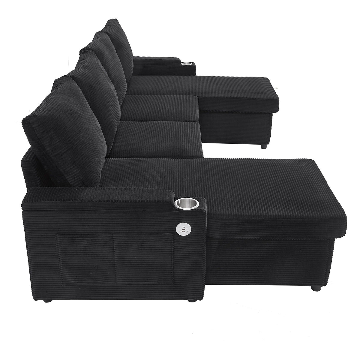 U-shaped sectional sofa bed with storage chaise, USB ports, and cup holders on Tampa Home & Garden Store