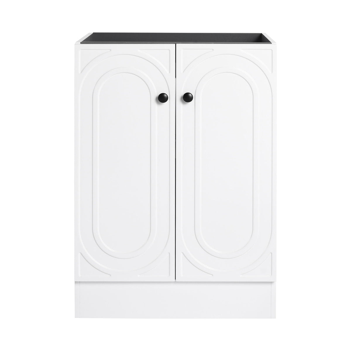 Freestanding bathroom vanity white two-door cabinet with dark countertop black knobs HouseOfZazla on Tampa Home & Garden Store