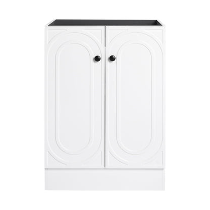Freestanding bathroom vanity white two-door cabinet with dark countertop black knobs HouseOfZazla on Tampa Home & Garden Store