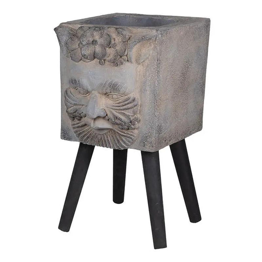 Grey Greek God statue planter with floral motif on black tripod legs Unique Piece Furniture on Tampa Home & Garden Store