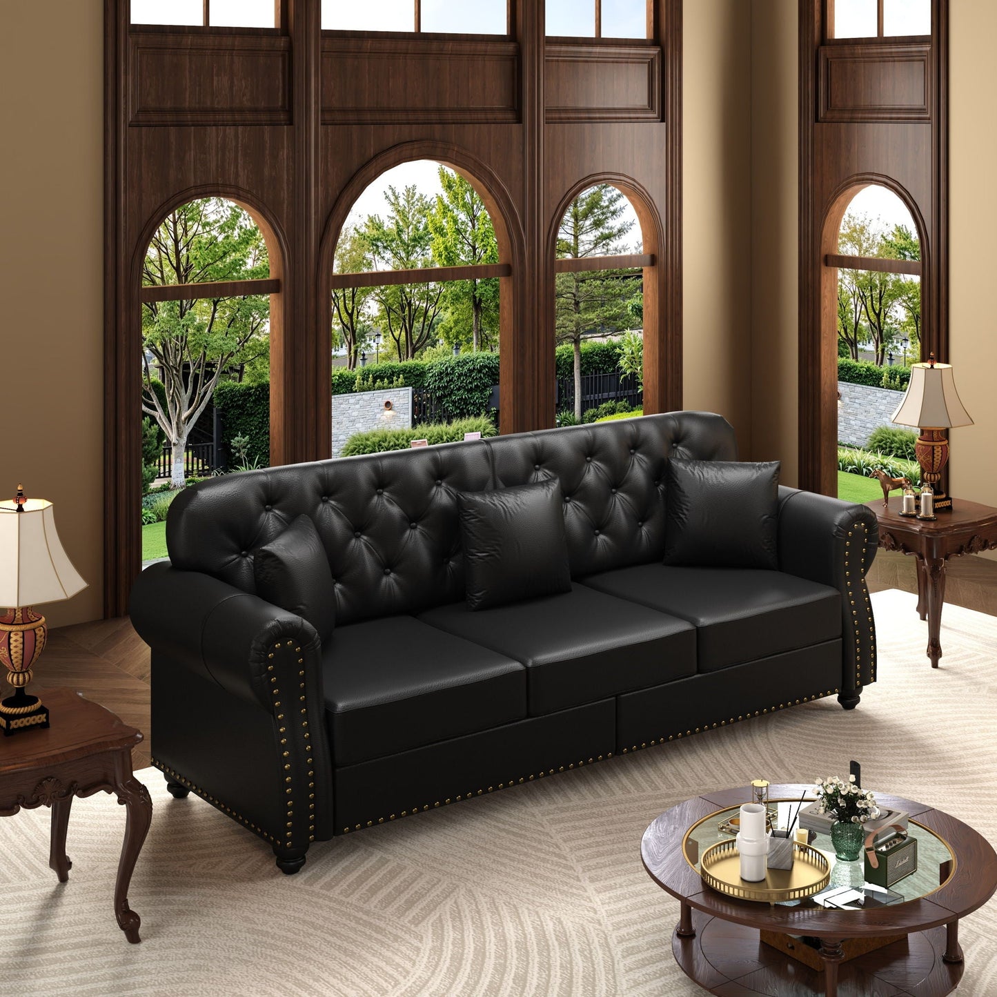 Upholstered Sofa with Nailhead and Ottoman