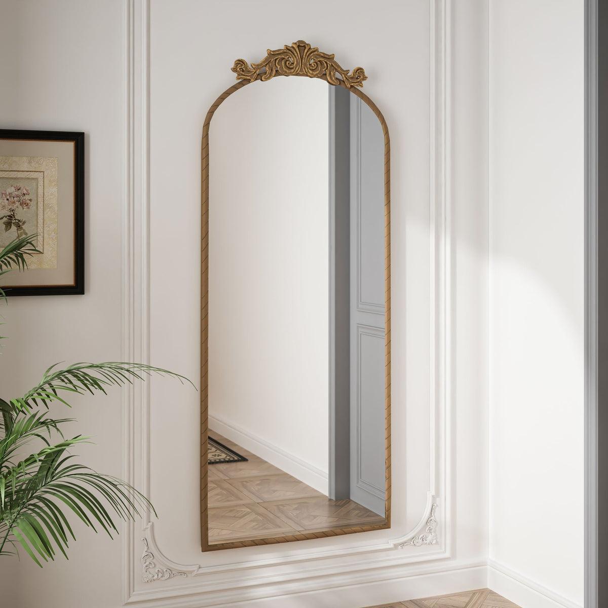 Vintage arched full-length wall mirror with carved applique in antique bronze finish on Tampa Home & Garden Store