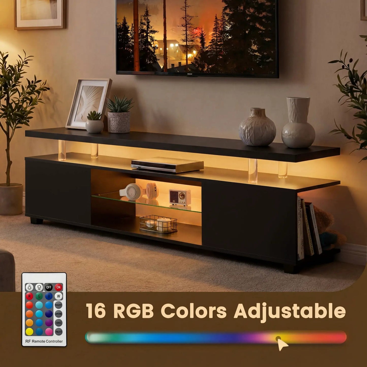 TV stand with LED lighting, black finish, large side cabinet by Unique Piece Furniture on Tampa Home & Garden Store